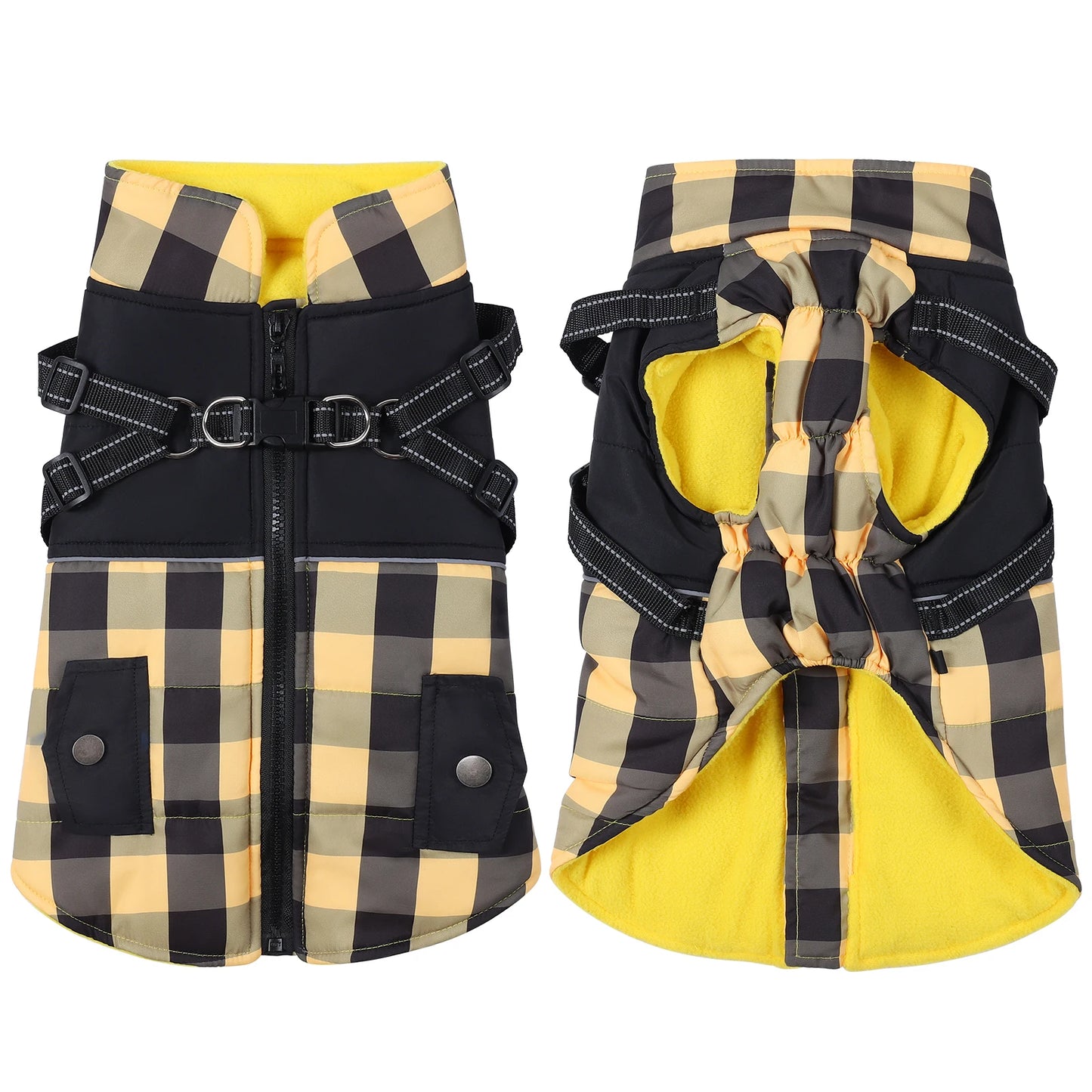 Plaid Padded Dog Jacket With Harness Windproof Winter