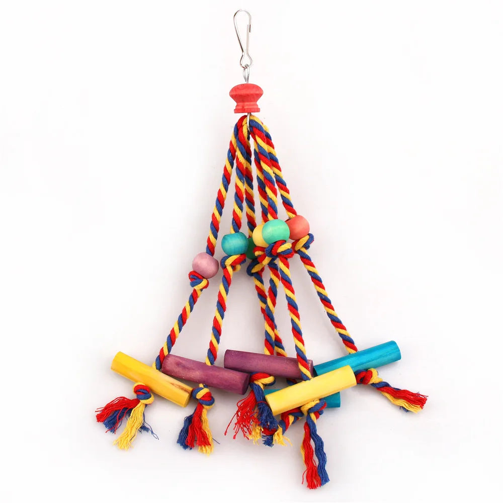 Wooden Bird Chewing Toy With Cotton Rope Parrot Cage Toy