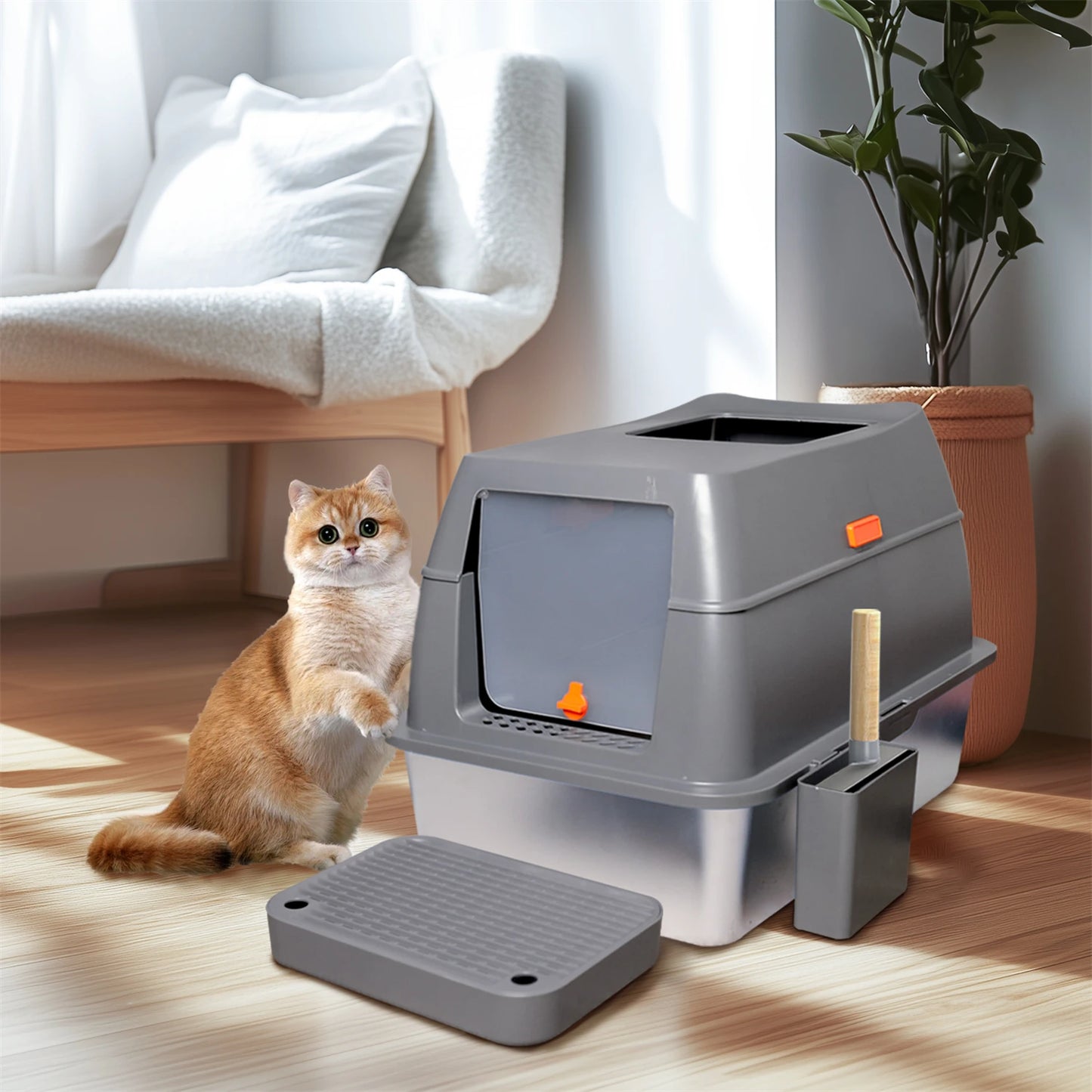 Stainless Steel Enclosed Cat Litter Box With Lid For Cats