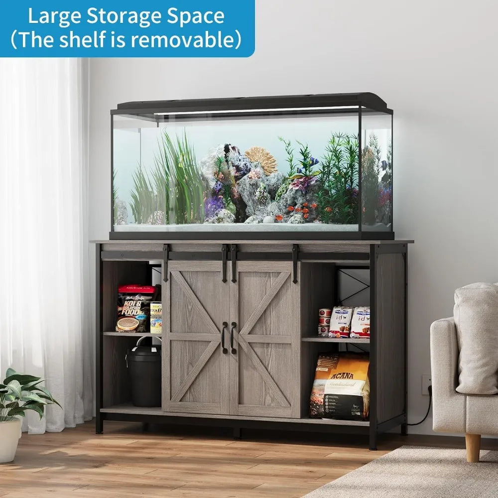 VOWNER Farmhouse Aquarium Stand With Power Outlet Sliding Barn Door