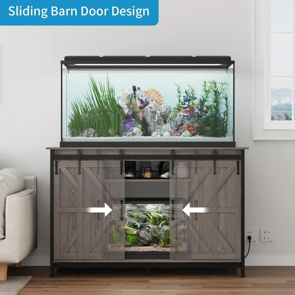 VOWNER Farmhouse Aquarium Stand With Power Outlet Sliding Barn Door