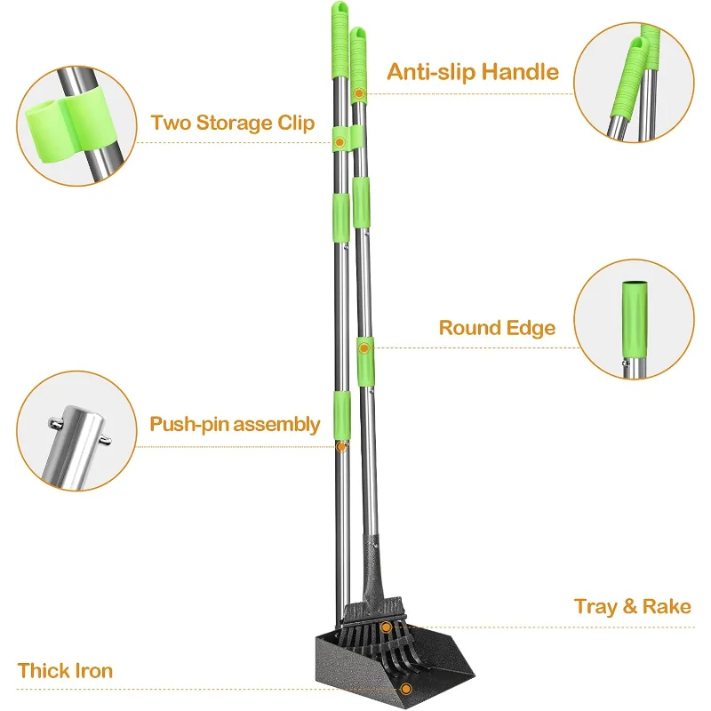 NONEDog Long Handle Poop Scoop With Stainless Steel Tray Rake