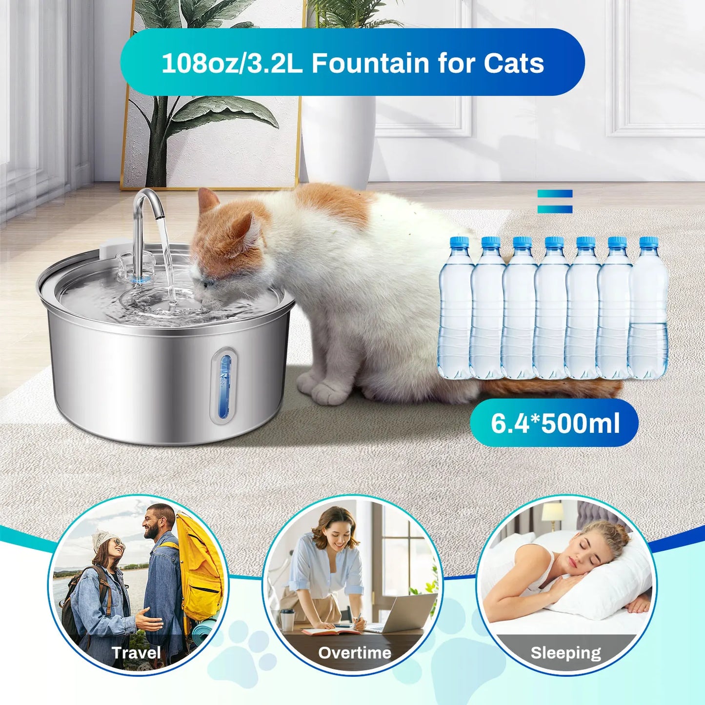 Stainless Steel Cat Water Fountain With Ultra Quiet Pump Filtration