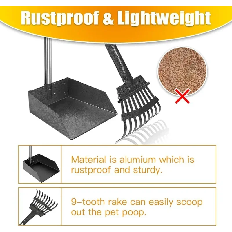 NONEDog Long Handle Poop Scoop With Stainless Steel Tray Rake