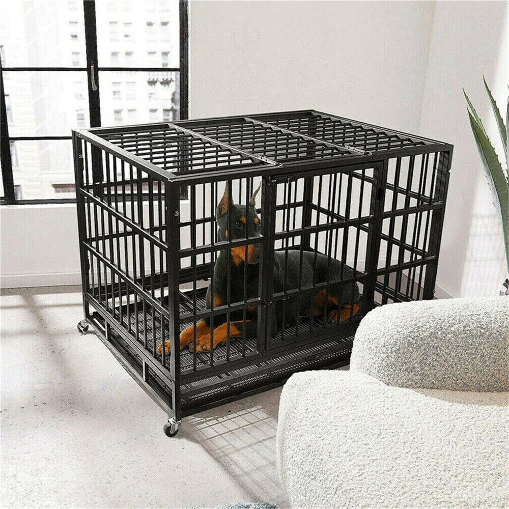 BORWARTH Heavy Duty Dog Crate Cage With Lockable Wheels And Tray