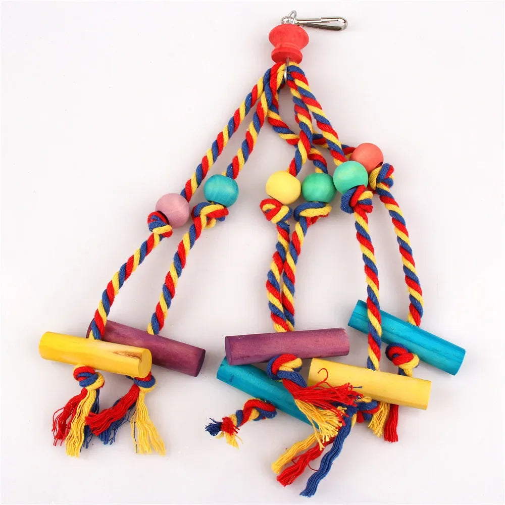 Wooden Bird Chewing Toy With Cotton Rope Parrot Cage Toy