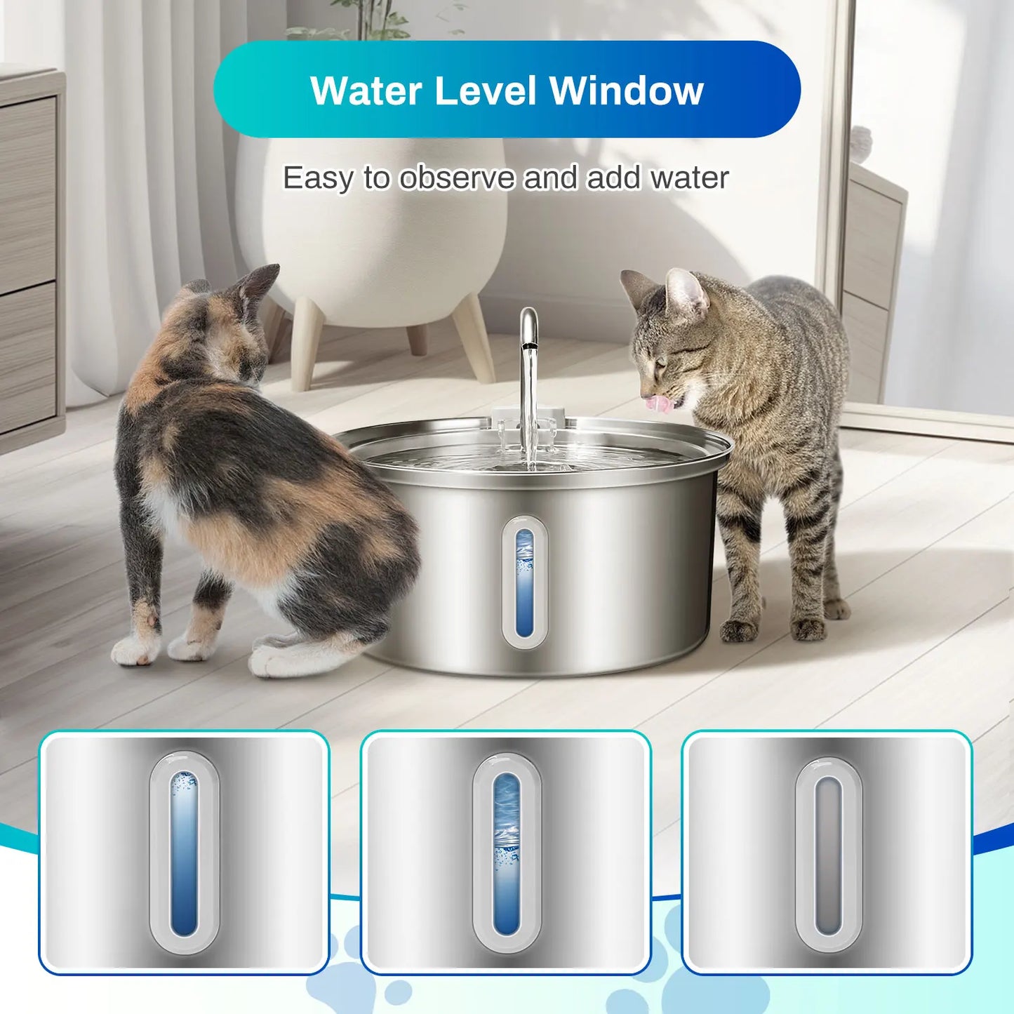 Stainless Steel Cat Water Fountain With Ultra Quiet Pump Filtration