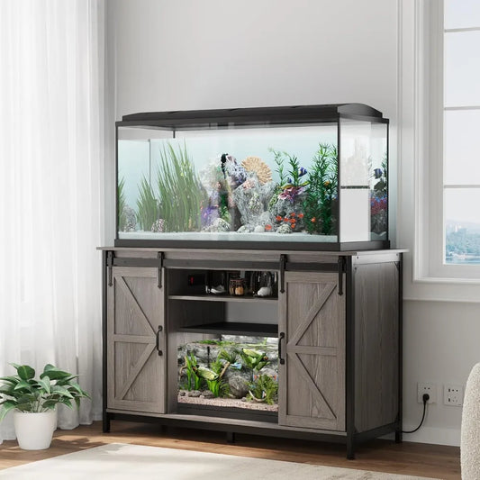 VOWNER Farmhouse Aquarium Stand With Power Outlet Sliding Barn Door