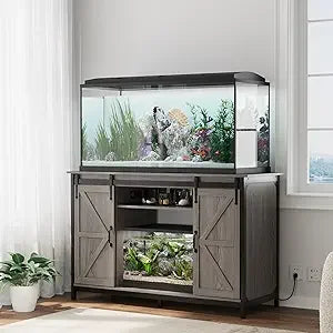VOWNER Farmhouse Aquarium Stand With Power Outlet Sliding Barn Door