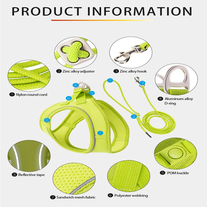 Dog Harness Leash Set Reflective Adjustable Pet Vest For Outdoors