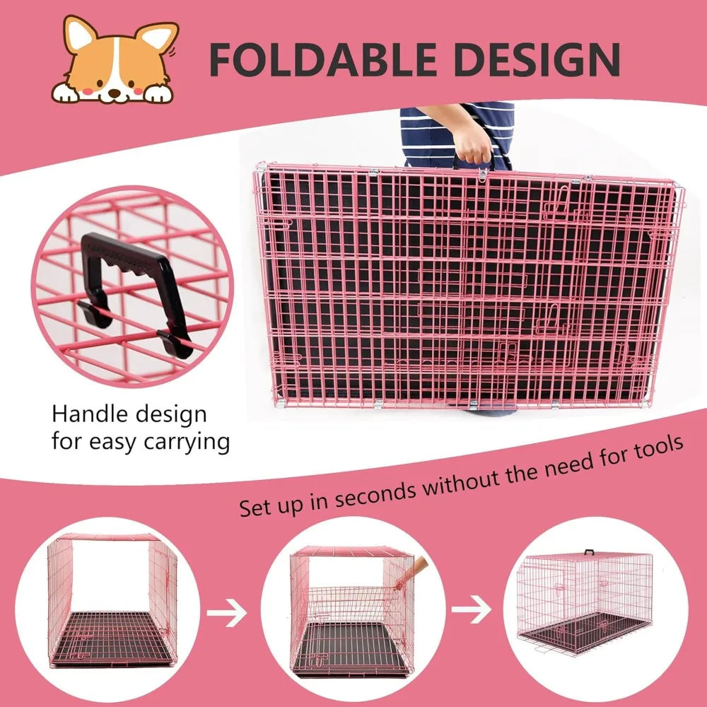 Folding Metal Dog Crate With Double Door And Removable Tray