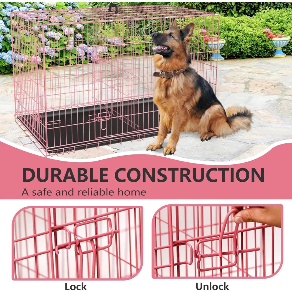 Folding Metal Dog Crate With Double Door And Removable Tray