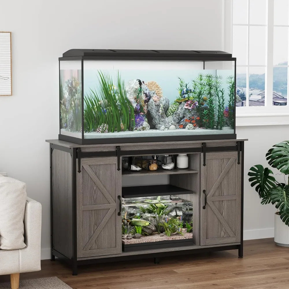 VOWNER Farmhouse Aquarium Stand With Power Outlet Sliding Barn Door