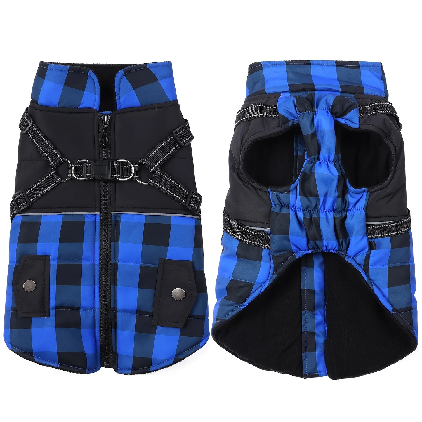 Plaid Padded Dog Jacket With Harness Windproof Winter