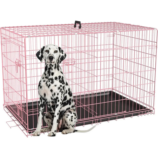 Folding Metal Dog Crate With Double Door And Removable Tray