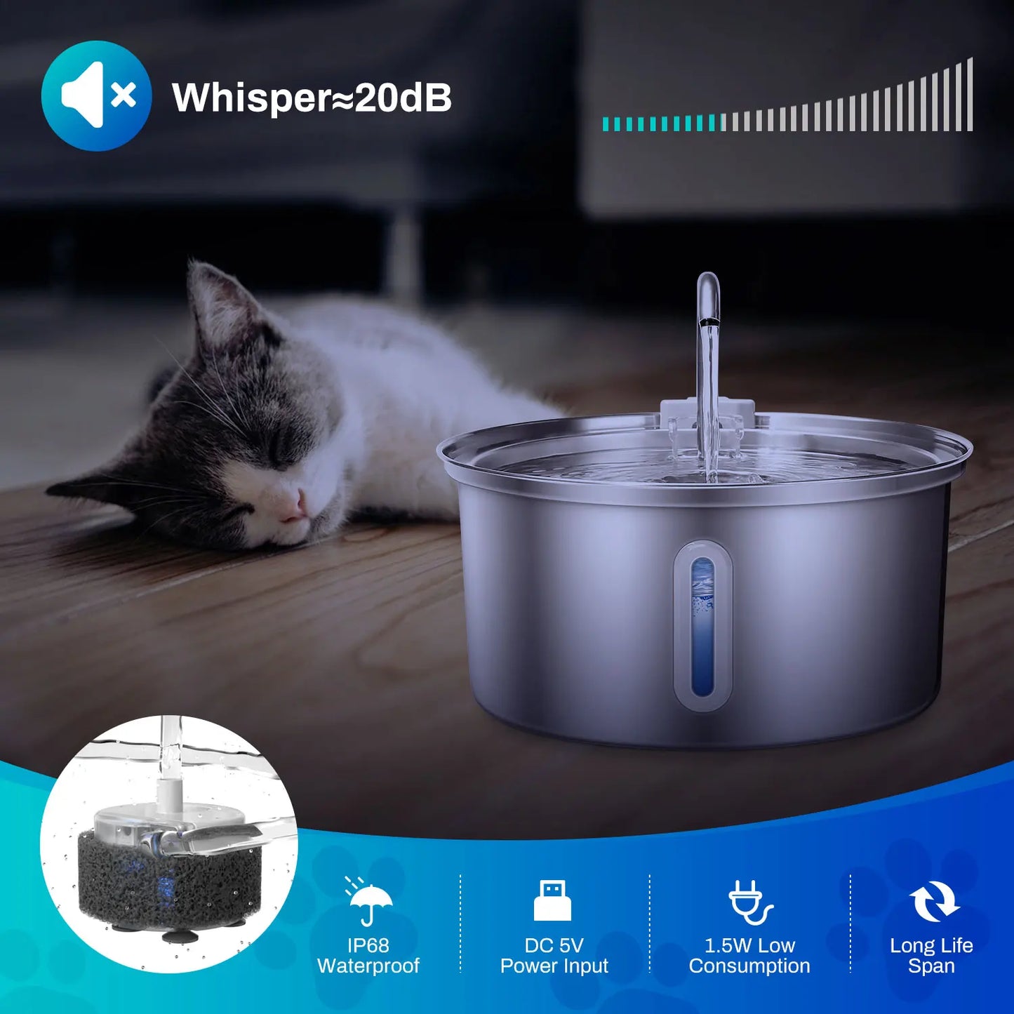 Stainless Steel Cat Water Fountain With Ultra Quiet Pump Filtration