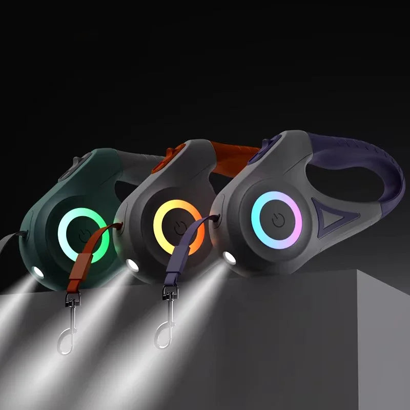 Retractable Dog Leash With LED Flashlight Nylon Lead For Pets