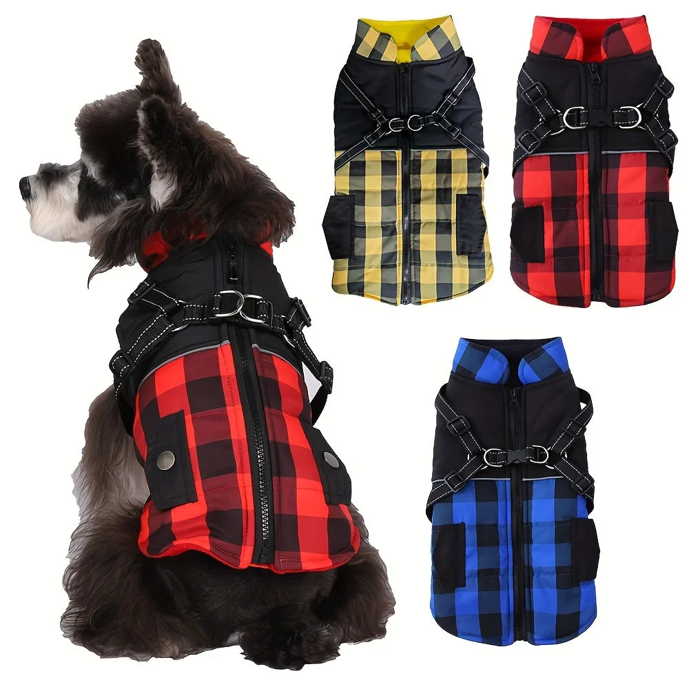 Plaid Padded Dog Jacket With Harness Windproof Winter