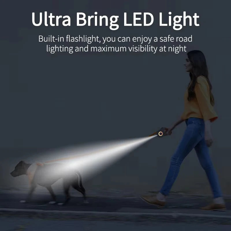 Retractable Dog Leash With LED Flashlight Nylon Lead For Pets