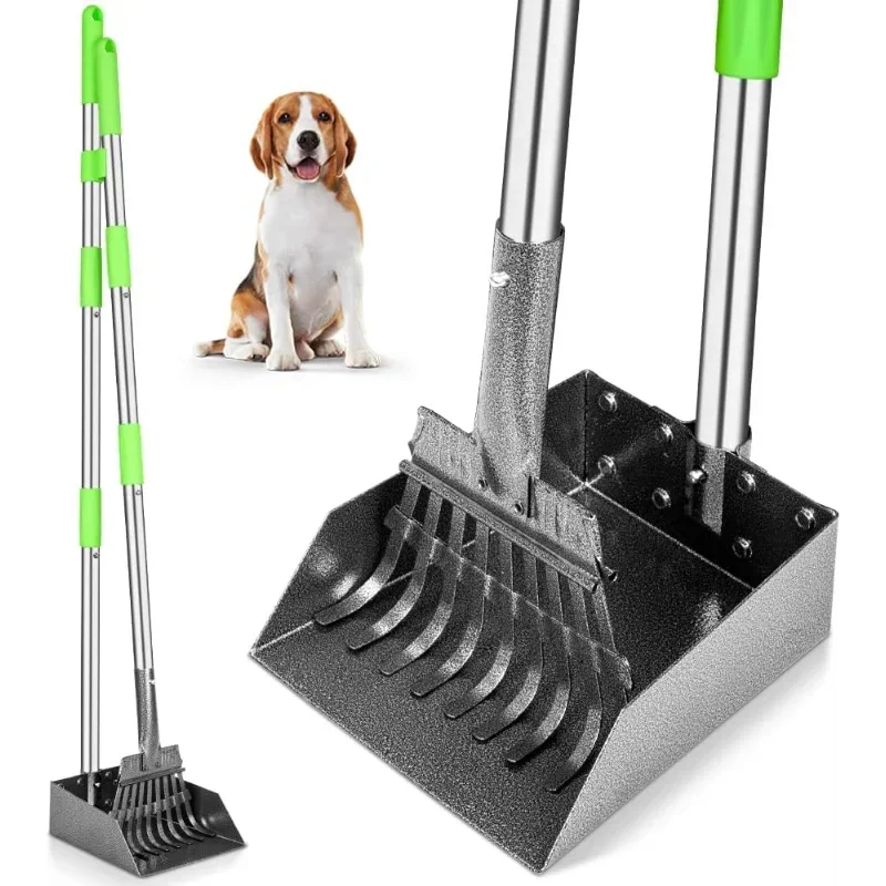 NONEDog Long Handle Poop Scoop With Stainless Steel Tray Rake