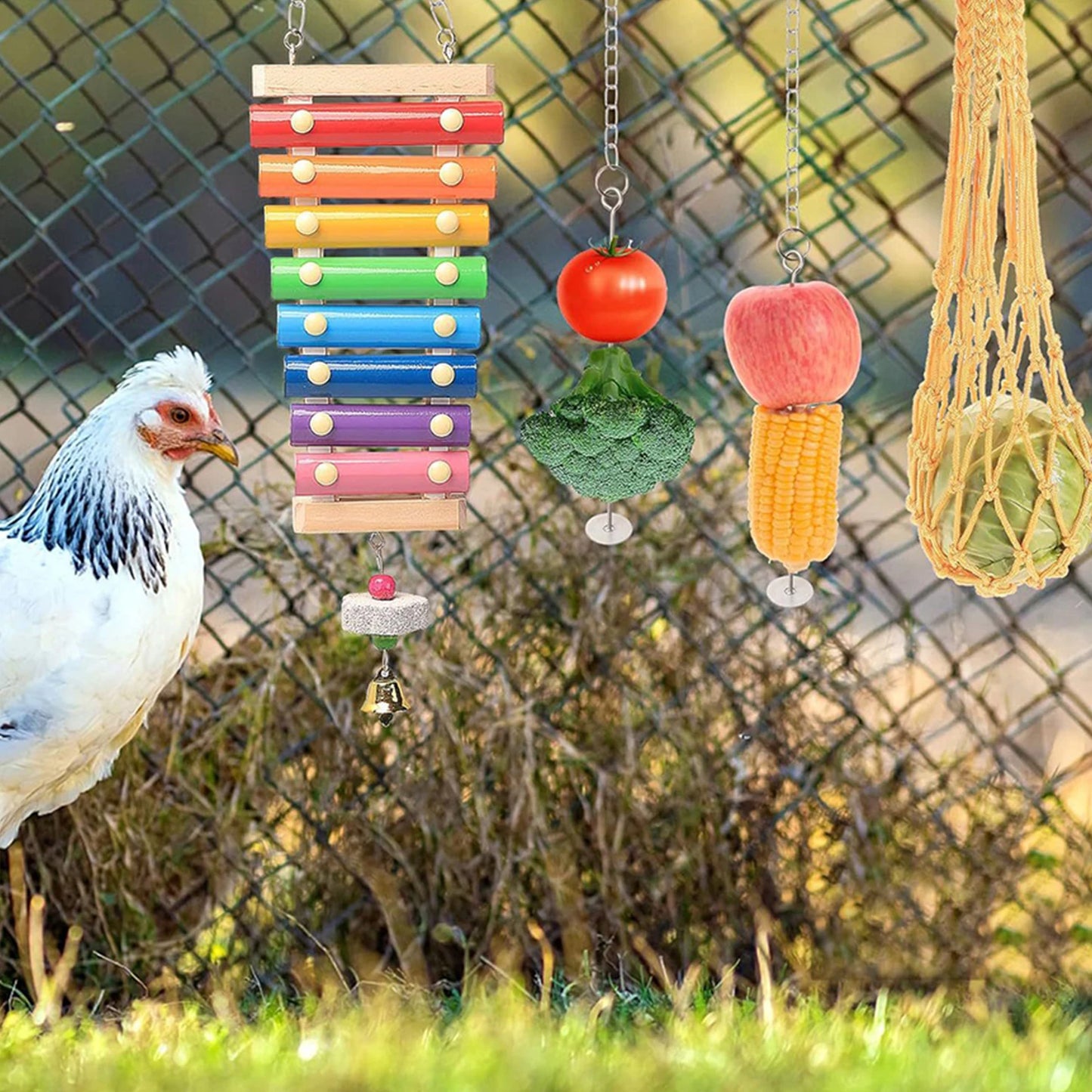 Shunmaii 7Pcs Chewing Foraging Toy With Wooden Hanging Feeder