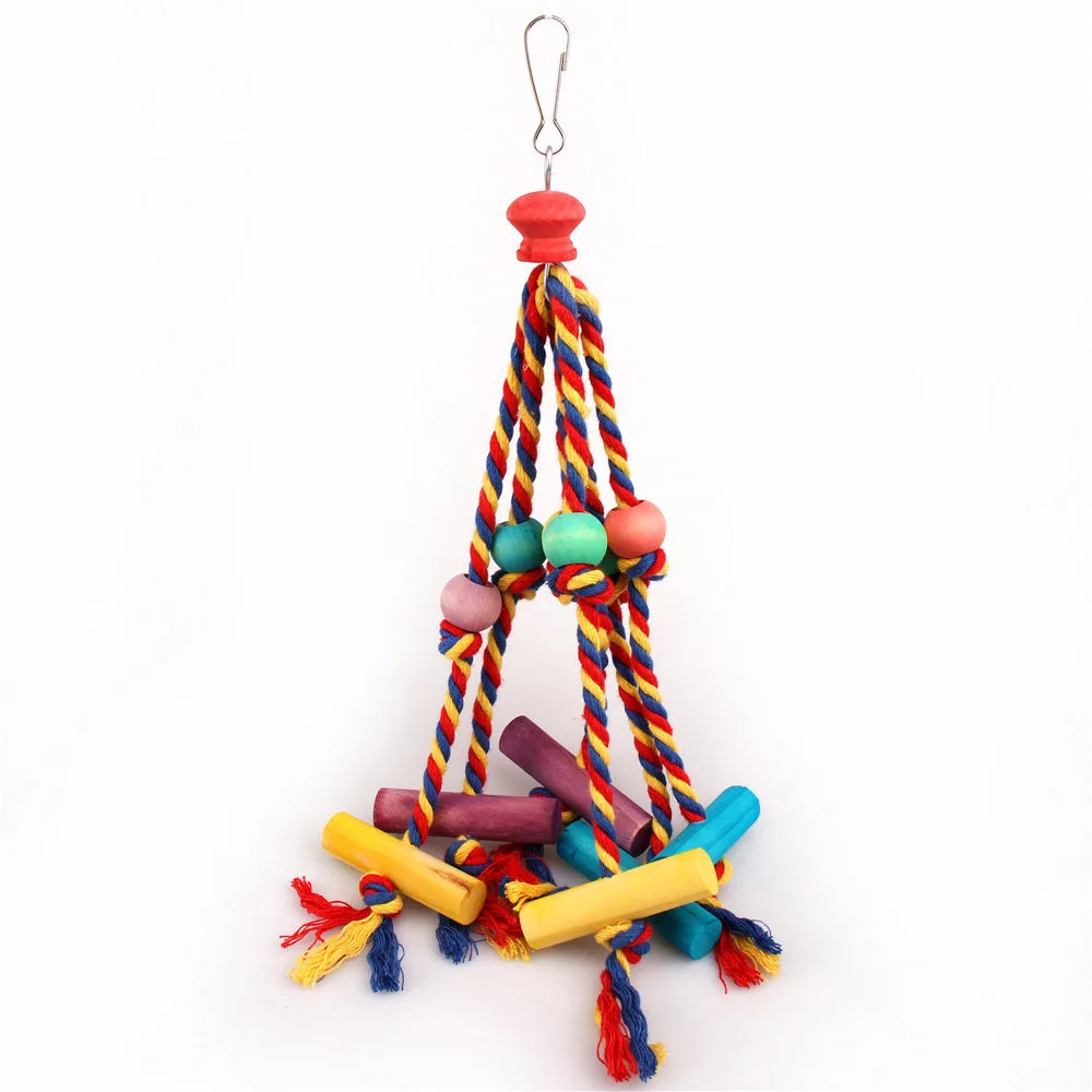 Wooden Bird Chewing Toy With Cotton Rope Parrot Cage Toy