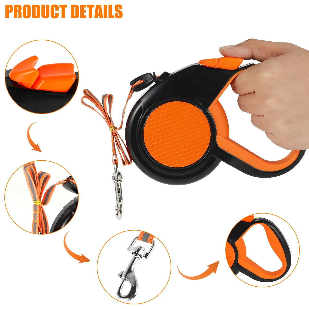 Retractable Dog Leash Heavy-Duty With Reflective Tape Non-Slip Handle