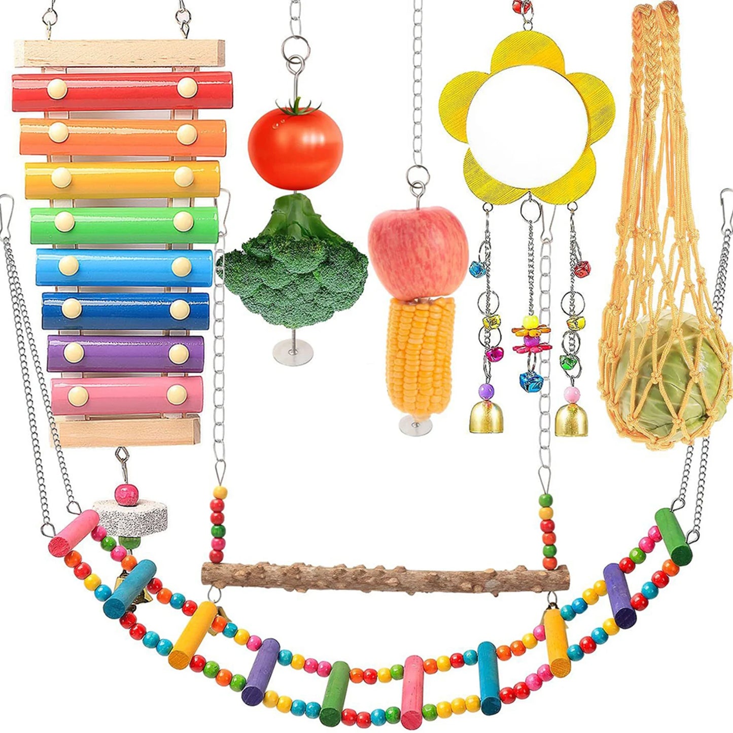 Shunmaii 7Pcs Chewing Foraging Toy With Wooden Hanging Feeder