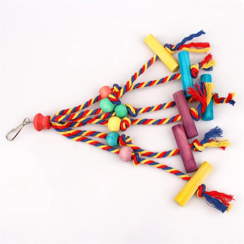 Wooden Bird Chewing Toy With Cotton Rope Parrot Cage Toy