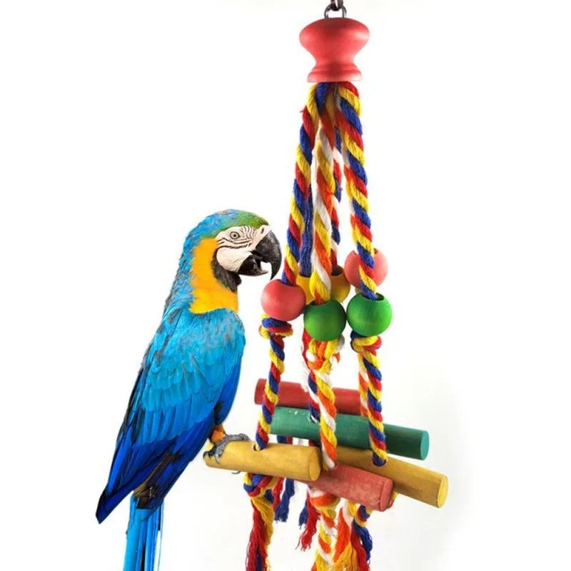 Wooden Bird Chewing Toy With Cotton Rope Parrot Cage Toy