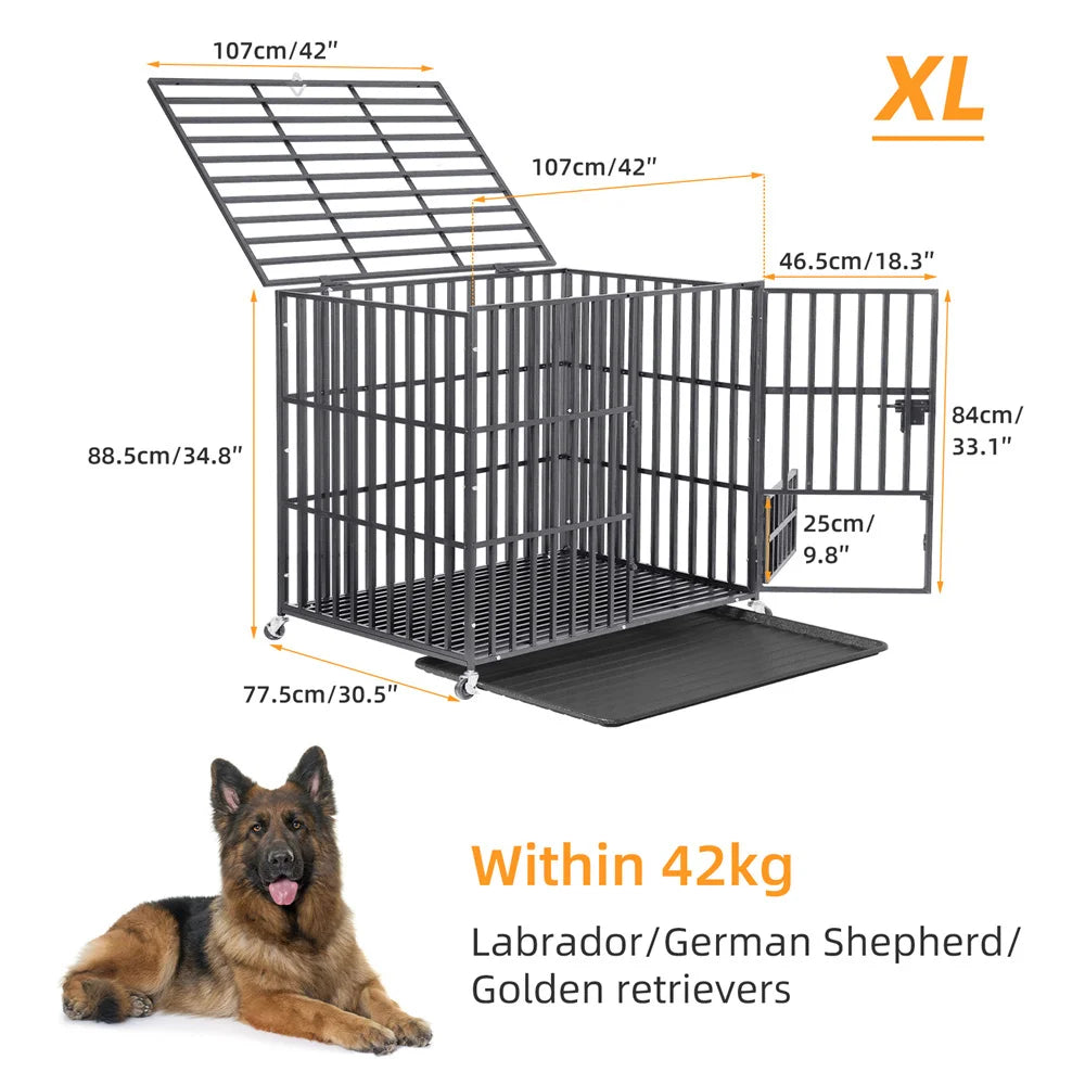 BORWARTH Heavy Duty Dog Crate Cage With Lockable Wheels And Tray
