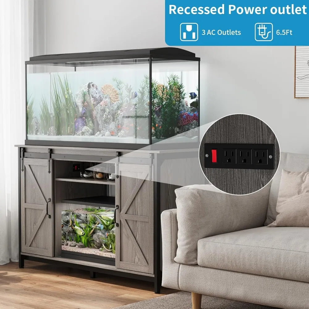 VOWNER Farmhouse Aquarium Stand With Power Outlet Sliding Barn Door