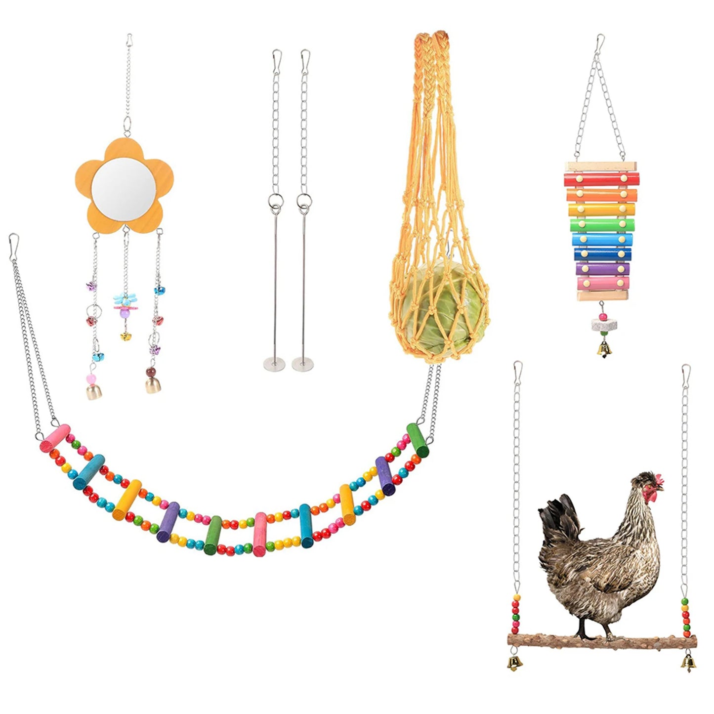 Shunmaii 7Pcs Chewing Foraging Toy With Wooden Hanging Feeder