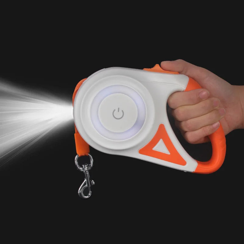 Retractable Dog Leash With LED Flashlight Nylon Lead For Pets