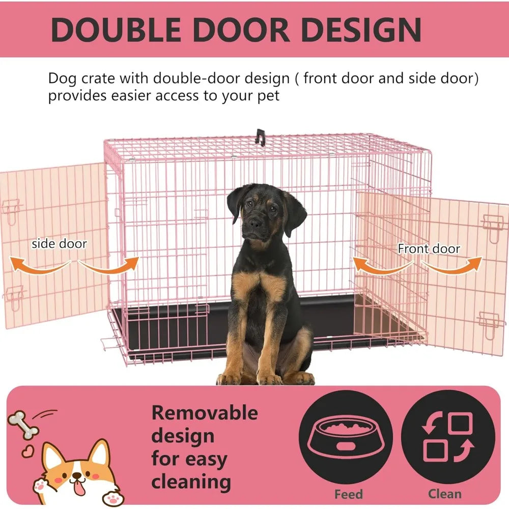 Folding Metal Dog Crate With Double Door And Removable Tray