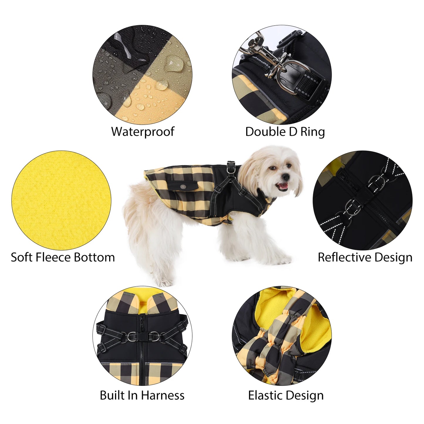 Plaid Padded Dog Jacket With Harness Windproof Winter