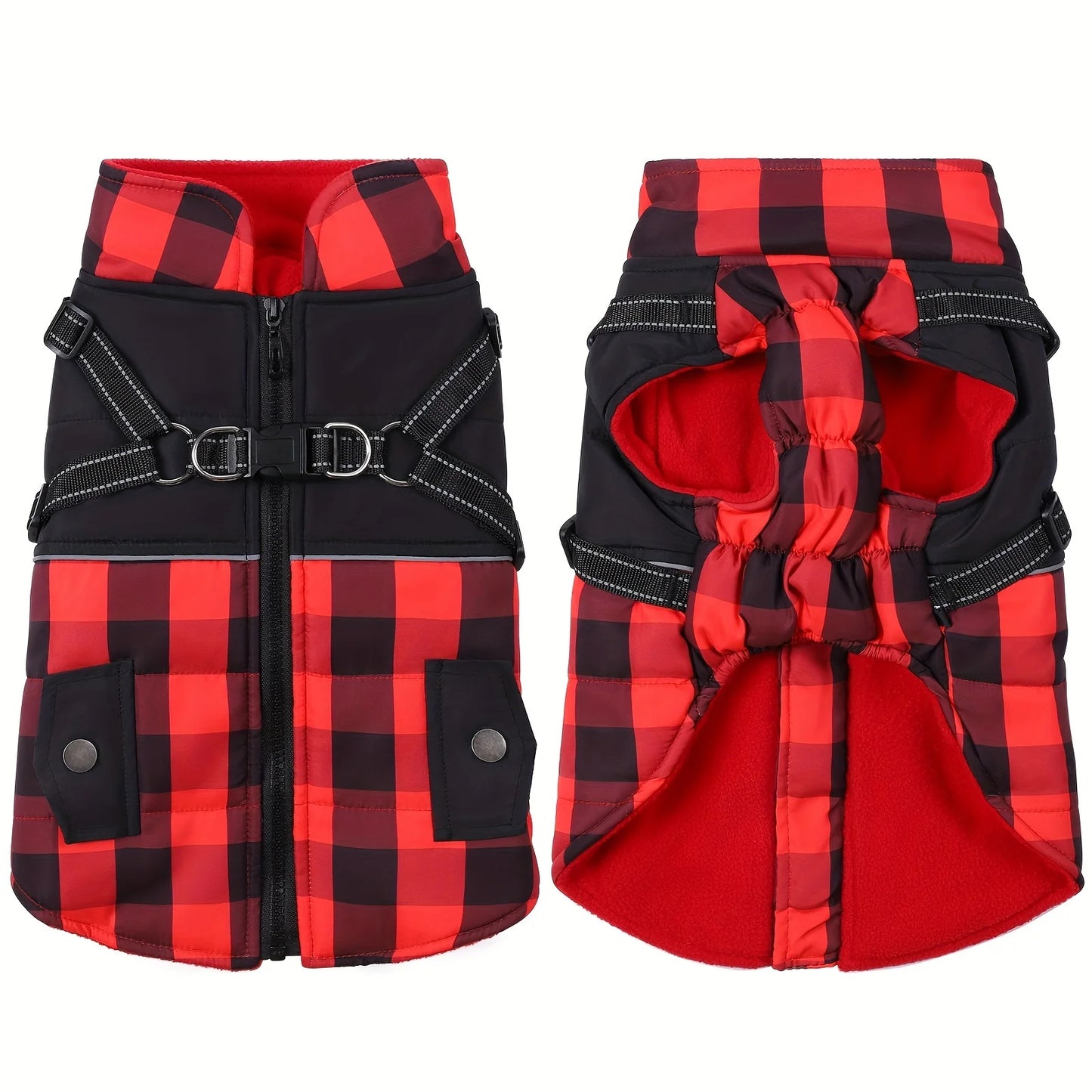 Plaid Padded Dog Jacket With Harness Windproof Winter