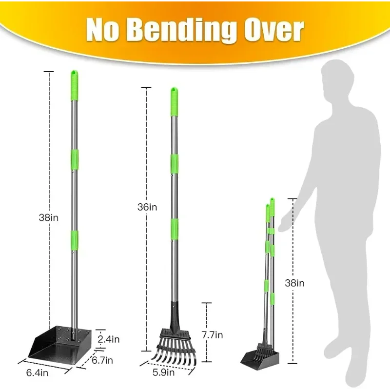 NONEDog Long Handle Poop Scoop With Stainless Steel Tray Rake