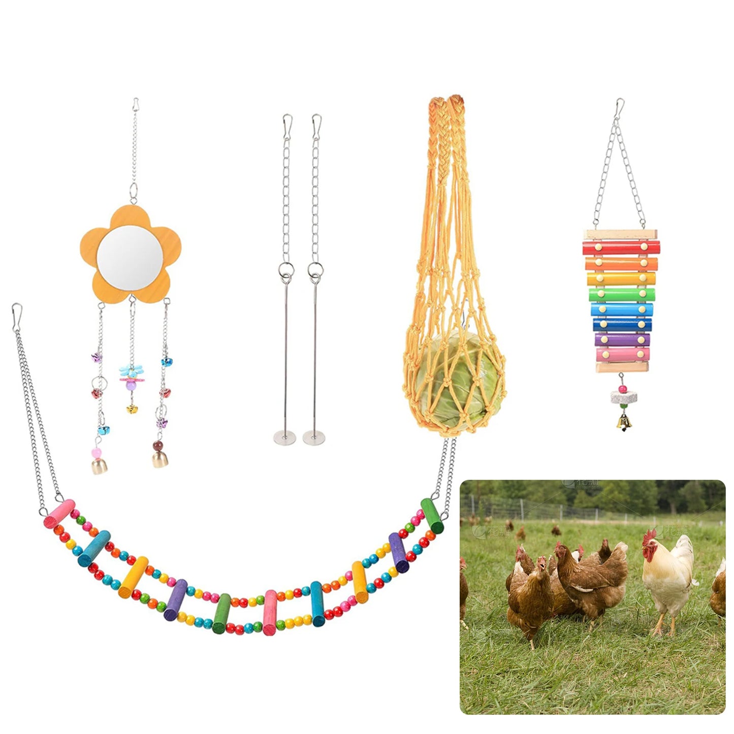 Shunmaii 7Pcs Chewing Foraging Toy With Wooden Hanging Feeder