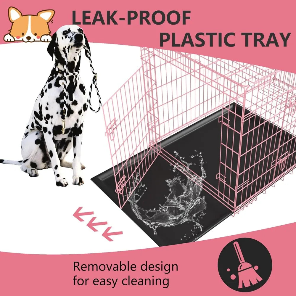 Folding Metal Dog Crate With Double Door And Removable Tray
