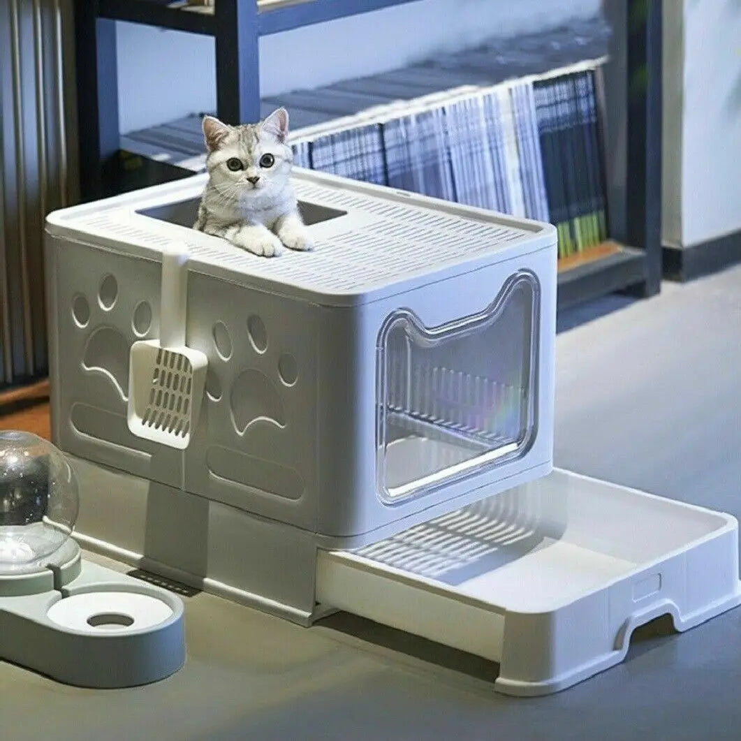 Front Entry Hooded Cat Litter Box With Scoop and Drawer