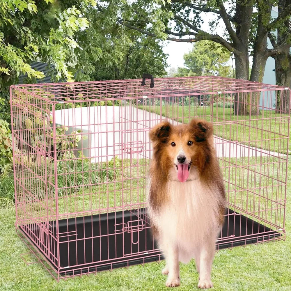 Folding Metal Dog Crate With Double Door And Removable Tray