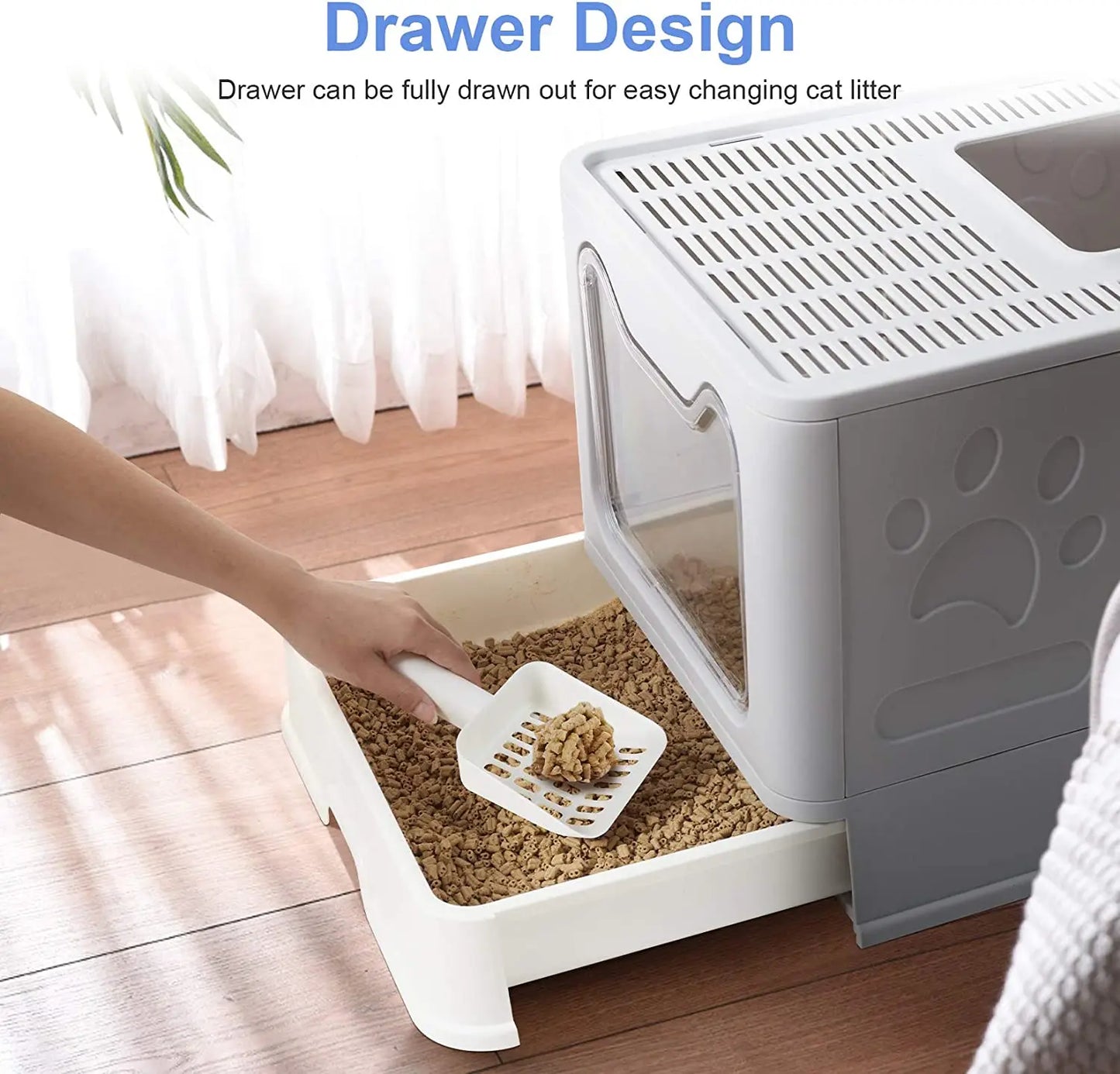 Front Entry Hooded Cat Litter Box With Scoop and Drawer